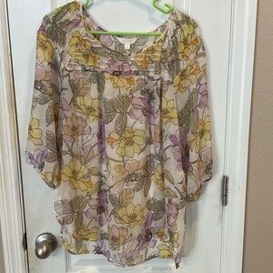 Lauren Conrad Floral Cream/Yellow/Purple Sheer Blouse 3/4 Sleeve - Size Large